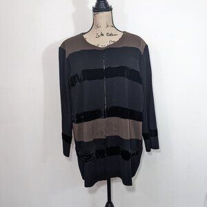 Misook Black Brown Color Block Velvet Trim Hook-Eye Neck Cardigan Sweater Sz 2X